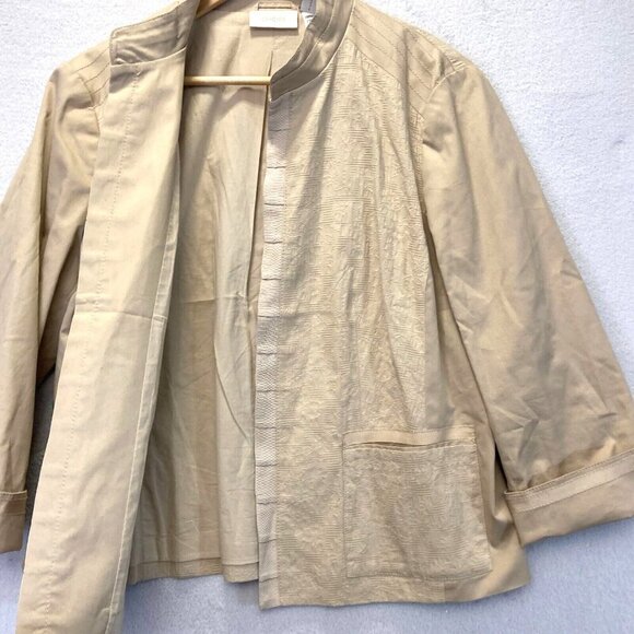 Chico's Size 2 (Large 12) Textured Open Front Jacket Tan Beige Cuffed 3/4 Sleeve - Picture 4 of 16